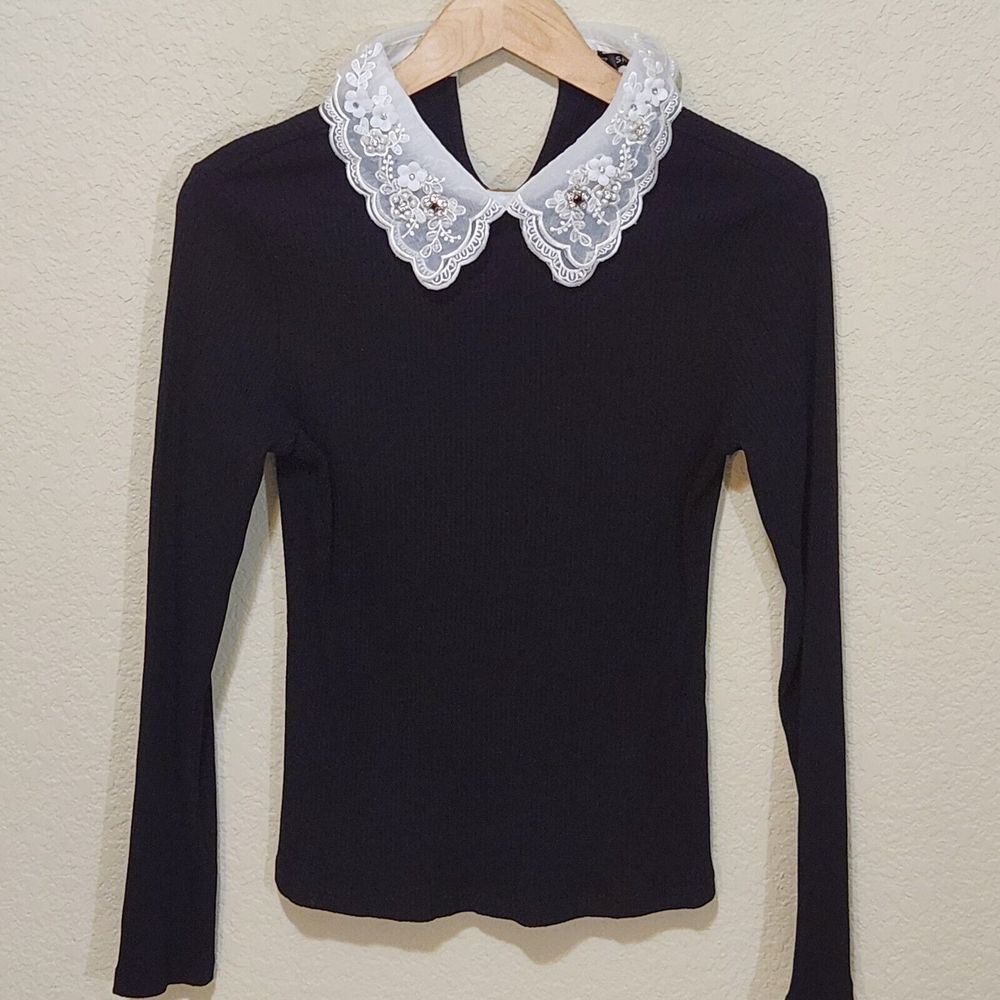 Shein Wednesday Addams Witchy Halloween Whimsigoth Embroidered Ribbed Collared